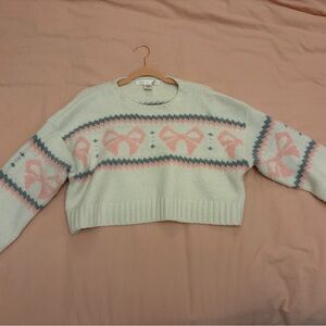 Altar'd State Cream Cropped Sweater with Pink Bow Motif